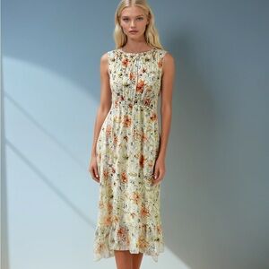 Le Ragazze Sz Small Silk Viscose Floral Midi Dress Elastic Waist Fairy